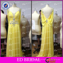 ED Elegant Real Picture China Supplier A-Line V Neck Low Back Chiffon Beaded Yellow Evening Dress 2017